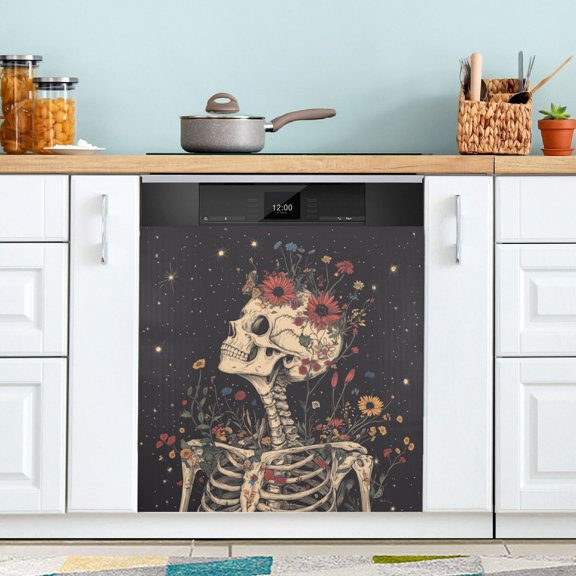 Yayeee Magnetic Dishwasher Cover for The Front Decoration Home Kitchen Machine Sticker Protector, Skeleton with Flowers Pattern