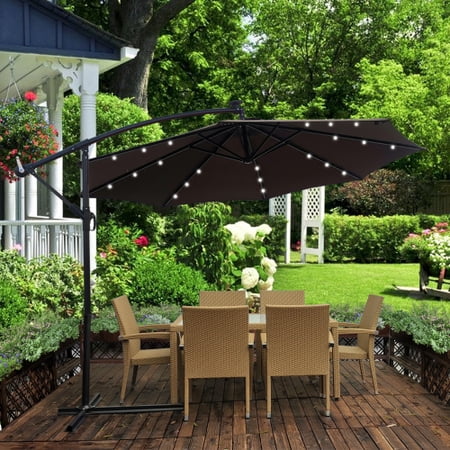 10 FT Outdoor Patio Umbrella  Solar Powered LED Lighted Sun Shade Market Waterproof 8 Ribs Umbrella with Crank and Cross Base  Outside Patio Umbrella for Garden Deck Backyard Swimming Pool  Chocolate