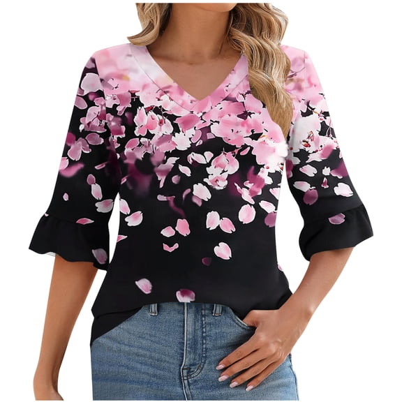 Yuanlook Womens Casual Tops,V Neck Shirts Ruffle Tunics 3/4 Sleeve Blouse with Flower Printed - Pink - XXL