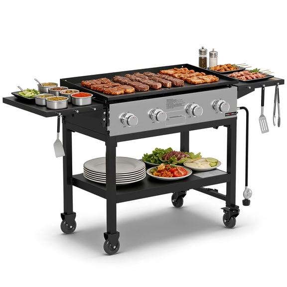 PARGRILL 36" Gas Griddle, 4 Independent Burners Propane Flat Top Grill with Side Tables, 60,000 BTU Outdoor Griddle Station with Wheels for Backyard BBQ