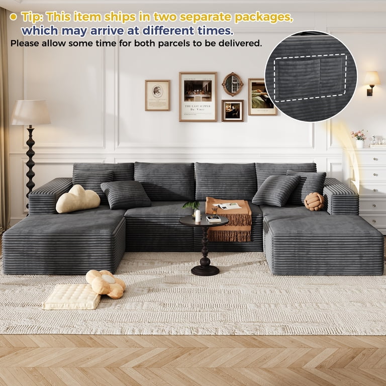 137 Inch Charcoal Cloud Sectional Sofa forf living room , No Sagging Foam U-Shaped Modular Couch, Big Couch Includes 4 Back Cushions & 4 Pillows, No Assembly Required