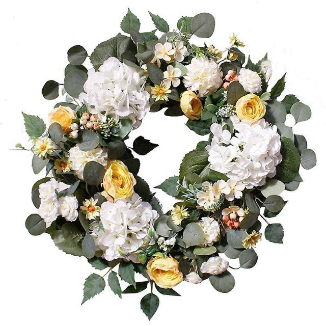 Corona de hortensias artificiales con hojas de eucalipto verde, corona de flores falsas para la pared de la puerta de entrada como se muestra, como se muestra