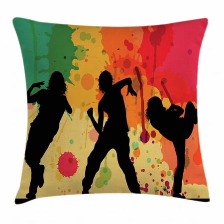 Hip Hop Throw Pillow Cushion Cover, Girl Dancer Crew Silhouettes Performing Theme Splashed Effect Colorful Background, Decorative Square Accent Pillow Case, 18 X 18 Inches, Multicolor, by