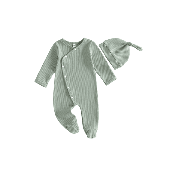 Cjfdfy Newborn Baby Boy Girl Footed Romper Outfit Solid Color Ribbed Long Sleeve Side Snaps Jumpsuit With Hat Infant Cute Coming Home Fall Winter Outfit 0-6 Months