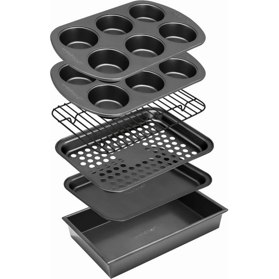 6 Pieces Toaster Bakeware Set - Stackable and Non-Stick Gray Coating Inside & Outside Bake Tray Sheet Bakeware Set (Gray)