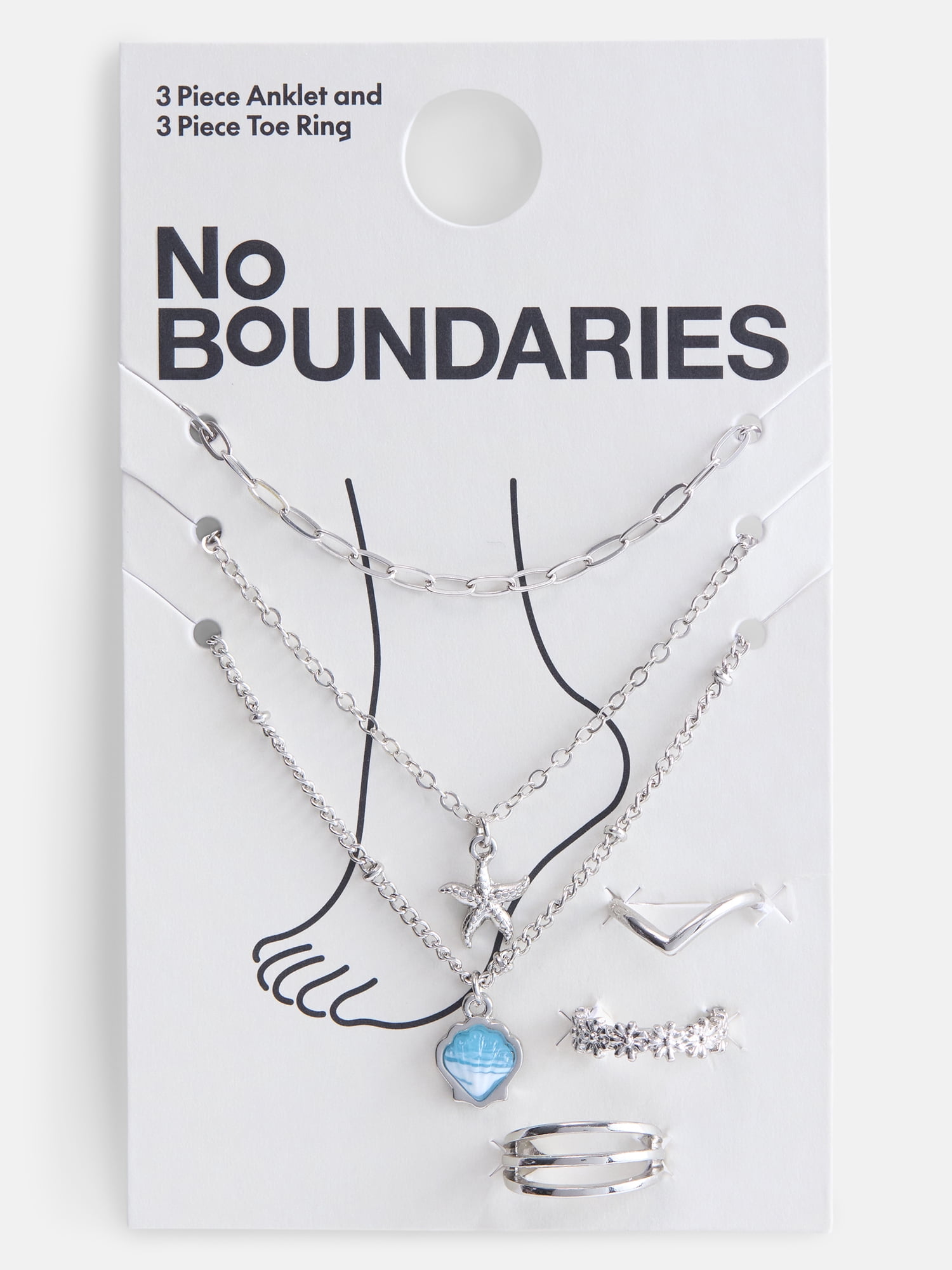 No Boundaries Silver Tone Shell and Starfish Anklets and Toe Rings Set, 6 Piece