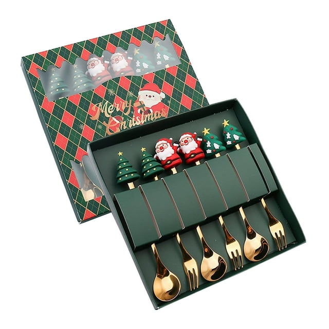 6Pcs Cutlery Kits Christmas Spoons Forks Set Utensils with Gift Box Flatware Cutlery Set for Kitchen Dessert Daily