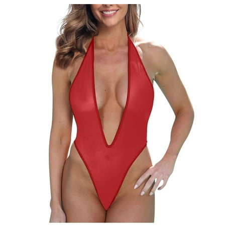 

DENGDENG Women Sexy Sheer Mesh Lingerie One Piece Bodysuit See Through Halter Bodysuits