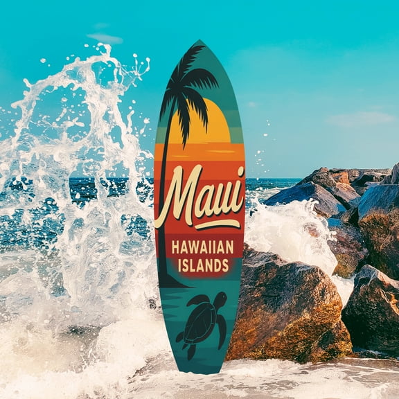 Outdoor Surfboard Wall Art - Maui Hawaiian Islands Sign, Palm Tree Sea Turtle, Coastal Beach House Decor Weatherproof PVC, 4 Foot