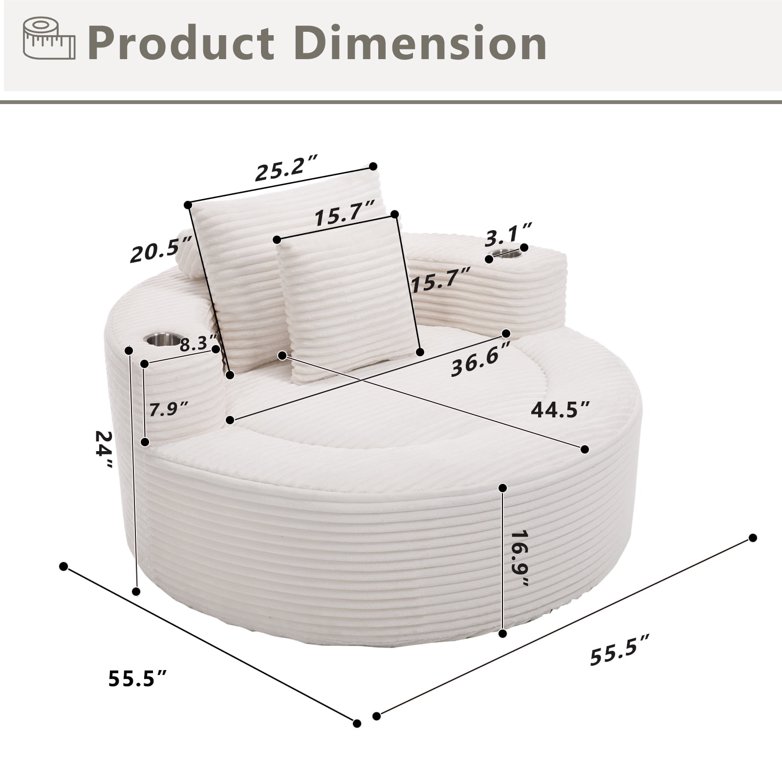 Miniyam 55.5" W Round Oversized Chaise Lounge Indoor with Cup Holders for Living Room, Cloud Couch with 3 Pillows, White
