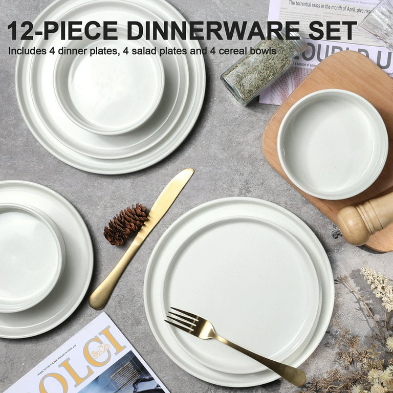 12-Piece Stoneware Dinnerware Set for 4, Speckled White photo 2