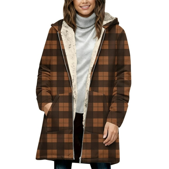 ZUKMRJPC Womens Full Zip Hoodies Long Sleeve Fashion Vintage Plaid Hooded Sweatshirt Winter Warm Thickened Long Outwear with Pocket