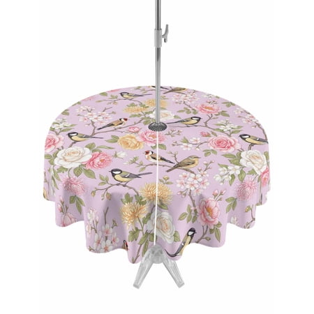 Outdoor Tablecloths with Umbrella Hole & Zipper Pink Spring Floral Round Tablecloths 60 Inch Elegant Farmhouse Flowers Birds Watercolor Waterproof Table Cloth Patio/Pool/Picnic Table Covers