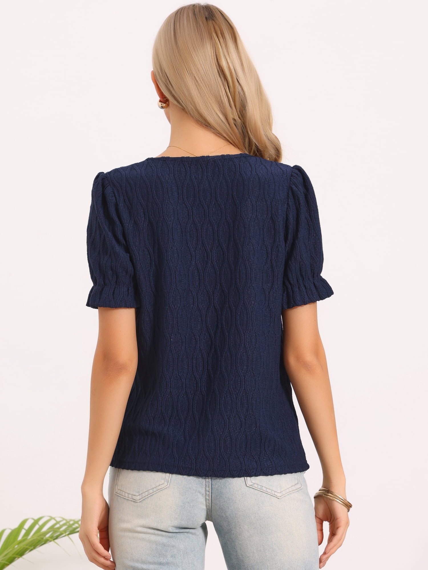 DARING DIVA Women's Tops Short Puff Sleeve V Neck Blouse Textured Outfits XS Navy Blue