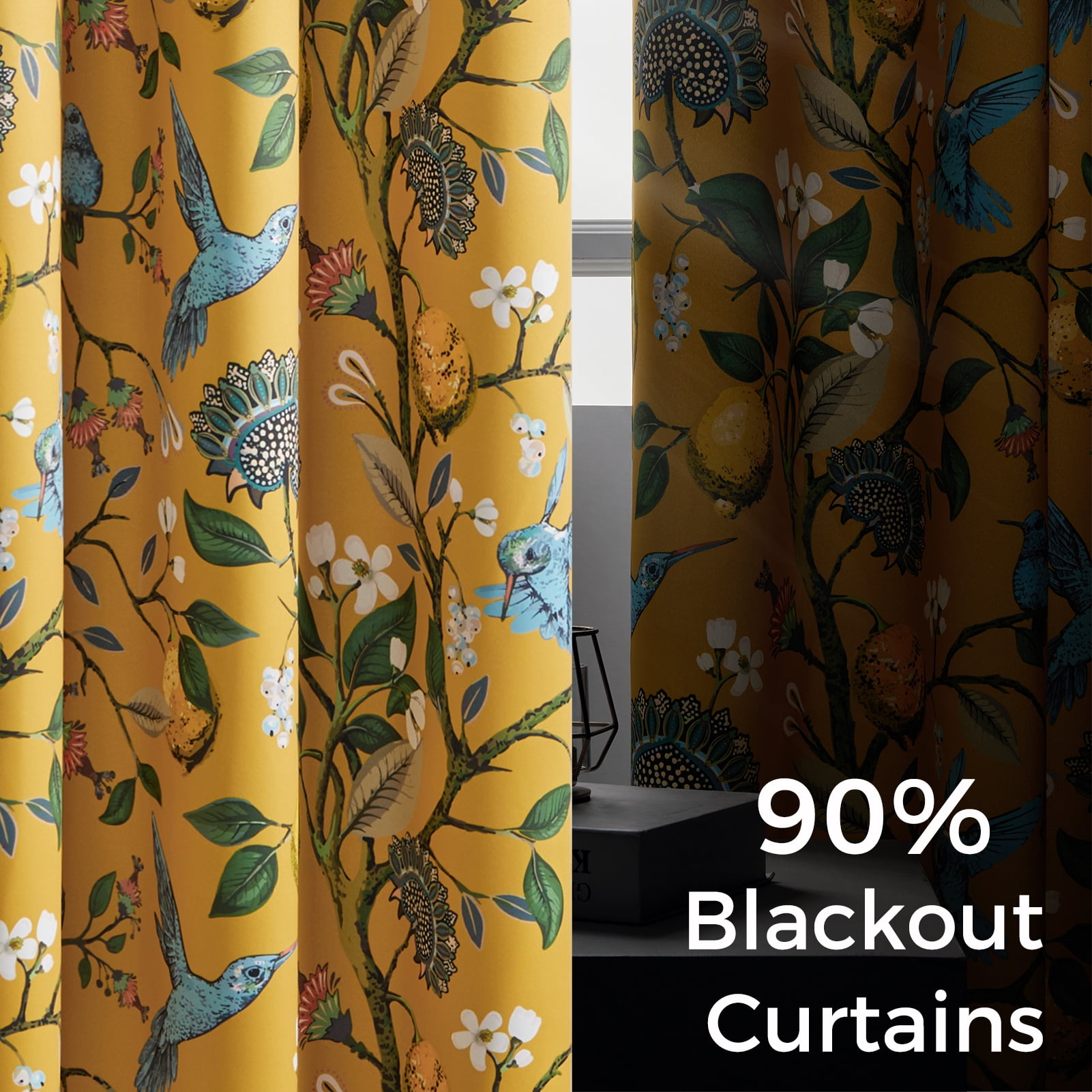 Topfinel Fancy Hummingbird Patterned Curtain,Mustard Yellow Curtains for Living Room, Thermal Insulated Blackout Curtains for Bedroom, Floral Vintage Lemon Curtains 96 inch Length 2 Panels Set