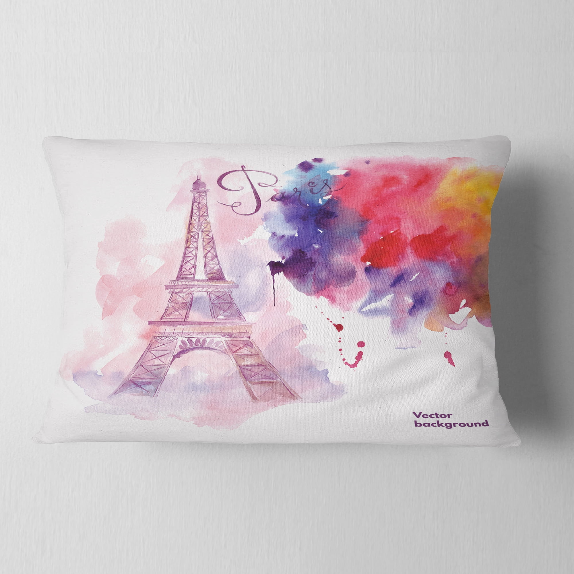 Designart Paris Eiffel Towerin Cloud of Colors - Watercolor Painting Throw Pillow - 12x20