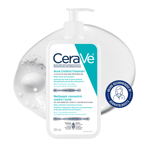 CeraVe Acne Control Cleanser, 2% Salicylic Acid Face Wash with Purifying Clay for Oily Skin and Blackheads, 355mL