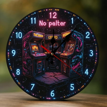 Wall Clock Decorative - Retro Neon Arcade B Print 2D Vintage Wall Clocks Battery Operated Silent Non-Ticking for Bedroom, Living Room, Kitchen, Office, Classroom, 10 Inch
