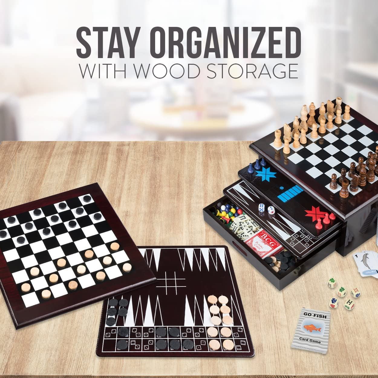 Board Game Set - Deluxe 15 in 1 Wood Tabletop Games with Storage -Checkers