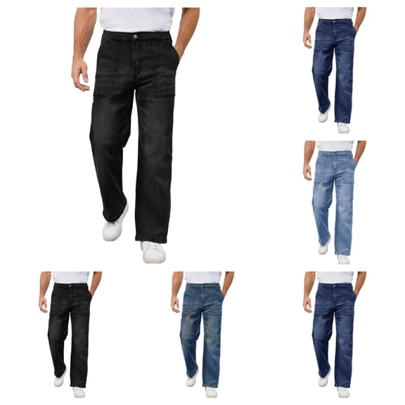 SAWOBUUN Men's Elastic Waist Denim Jeans Straight Leg Loose Fit Washed Jean Pants Comfort Stretch Casual Denim Pants