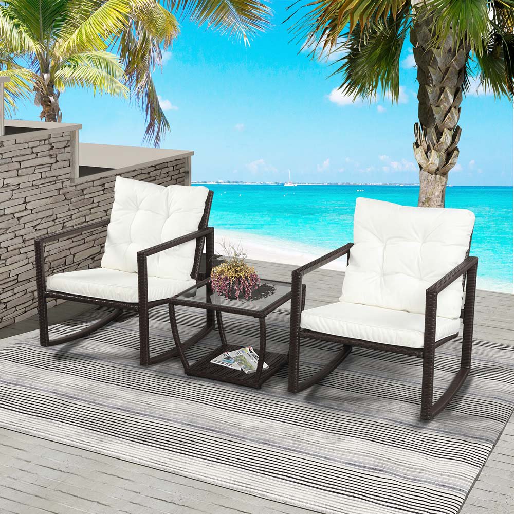3 Piece Outdoor Patio Rocking Chair, Bistro Set, Outdoor Durable Rattan Conversation Set, Modern 