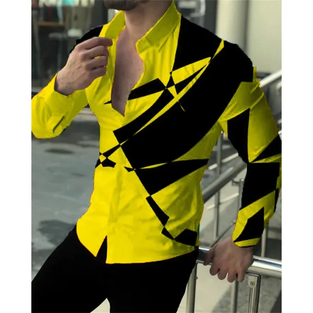 Camisa tipo cárdigan de manga larga con solapa y botonadura sencilla para hombre, última moda de fiesta de , de lujo, informal, con costuras y estampado 3D