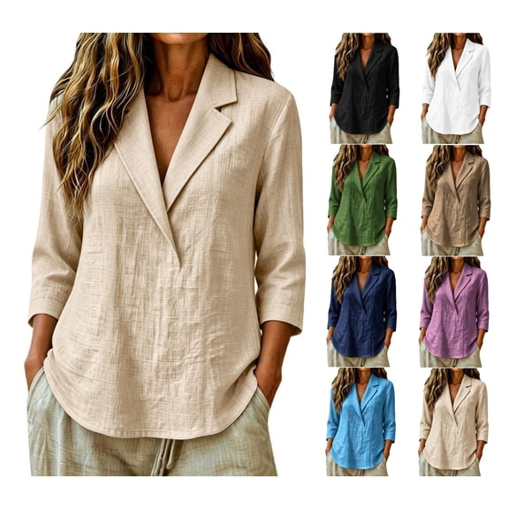 GUACER Blazer Shirts for Women Trendy 3/4 Sleeve Open Front Collared Cotton Linen Lightweight Casual Office Jackets