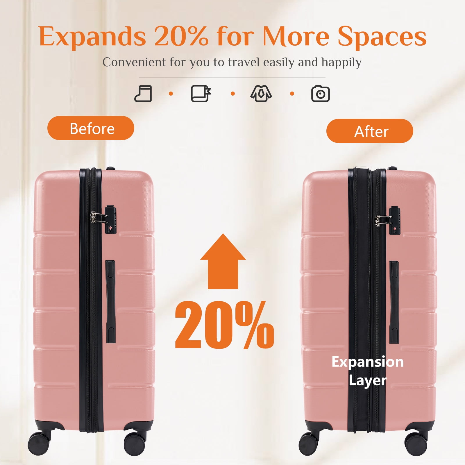 MCQ 3-Piece Luggage Sets, Hard Shell ABS Suitcases with Double Spinner Wheels, Lightweight Expandable Rolling Travel Suit Case with TSA Lock, Pink