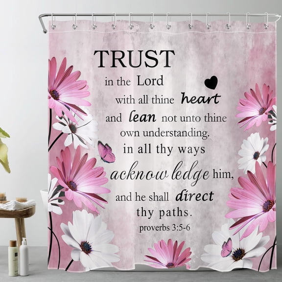 Pink Floral Daisy Butterfly Shower Curtain Vintage Farmhouse Flower Inspirational Bathroom Curtain with Hooks Retro Abstract Bath Curtain Polyester Fabric 72Lx72W Inch