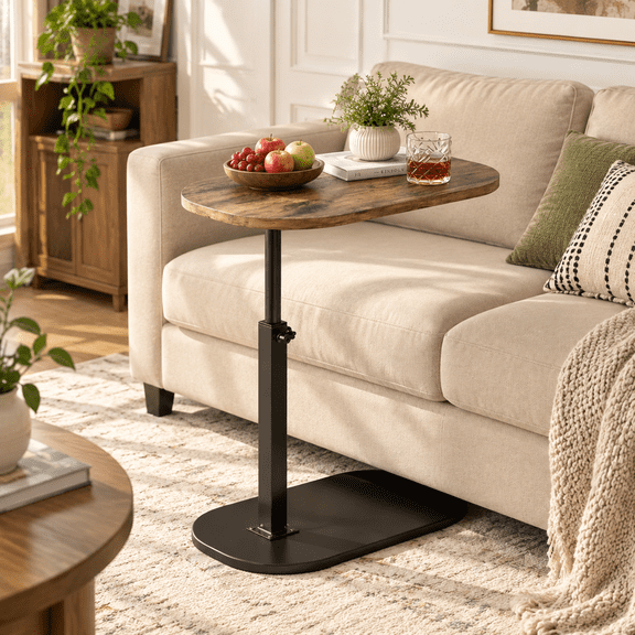 LIXI Adjustable C Shaped Coffee Table, 360° Rotatable Sofa Side Table with Height Adjustment, Ideal for Under Sofa (Brown)