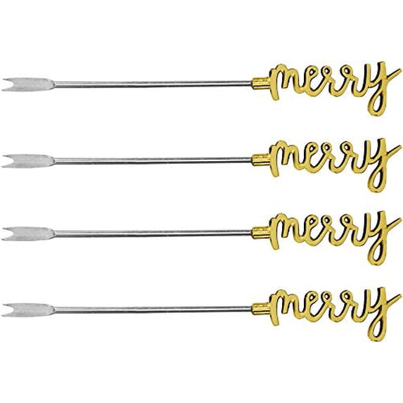 Palais Essentials Stainless Steel Cocktail Picks - Reusable Wedding Martini Picks - Set of 4-5.25 Inches Long (Gold,"Merry")