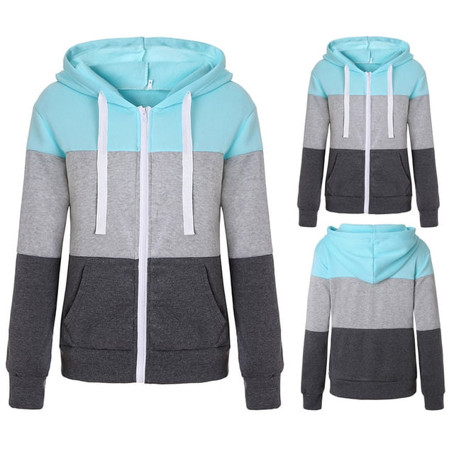 Fermeture à Glissière Chandails à Capuche pour Femmes 50 % de Rabais en Liquidation Chandail Décontracté à Manches Longues Mince Fermeture à Glissière Capuche Contrastée Patchwork Veste Manteau