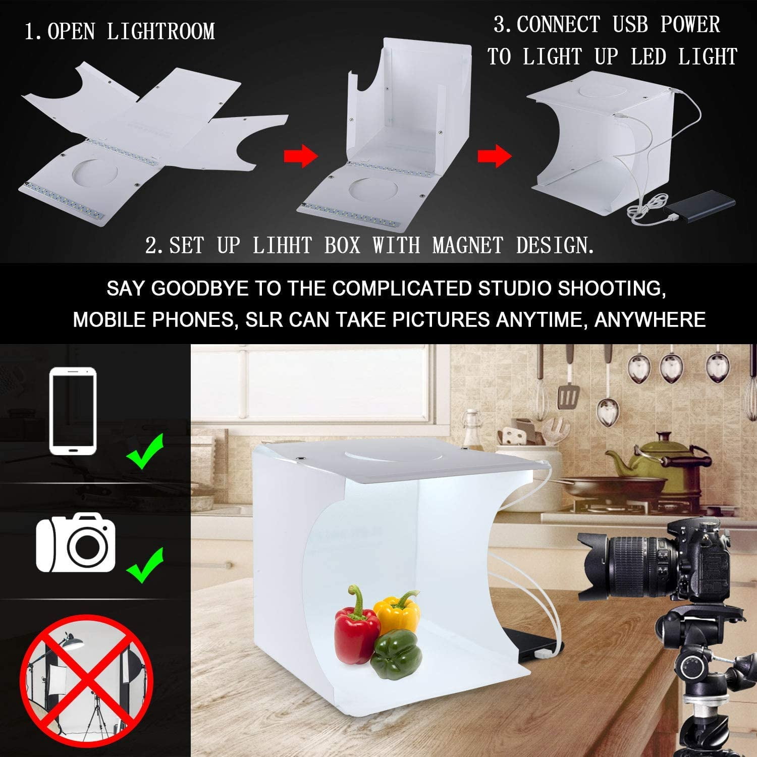  Portable Photo Studio Light Box with Lights for Product Food  Photography, Aureday Mini Photo White Box & Flash Lightbox with 6 Colors  Backups, Shooting Tent with Mini Tripod : Electronics