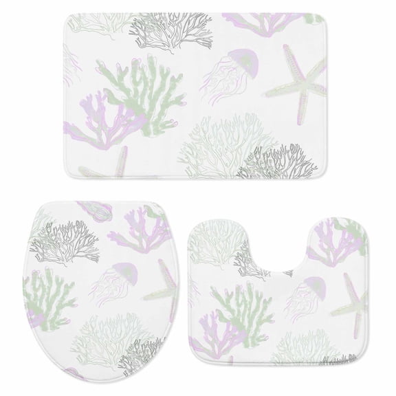 Sage Green Purple Coral Coastal Bath Mat 3 Piece Bathroom Rug Set, Nautical Starfish Beach Non Slip Bath Rug Contour Mat and Toilet Lid Cover, Absorbent Shower Mats Soft Bath Rugs and Mats Sets