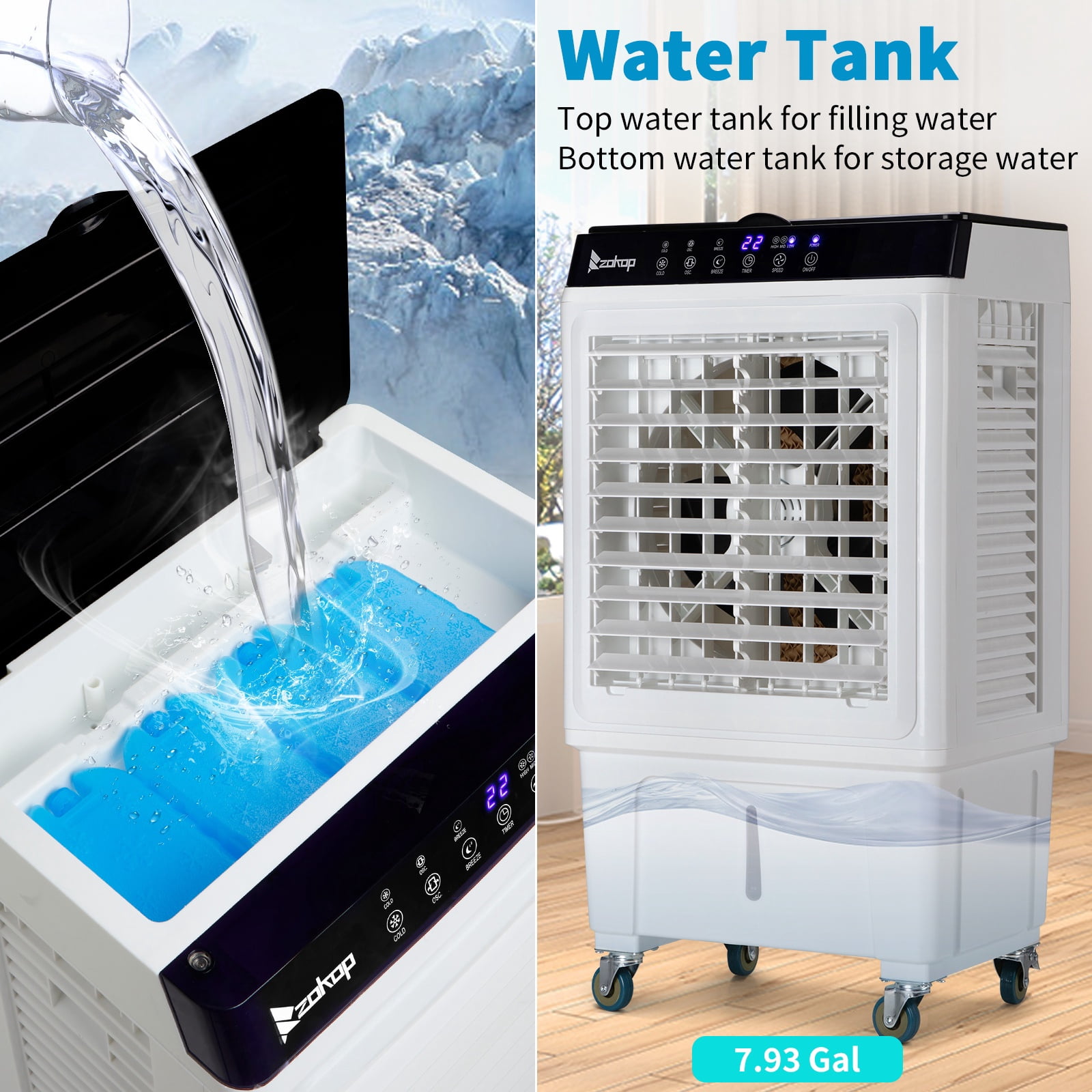 Evaporative Air Cooler, 2353CFM Portable Cooling Fan w/ Humidifier, Indoor Outdoor Swamp Cooler for Home Patio, 7.9GAL Water Tank, 4 Ice Packs, 3 Speeds, 90°Swing