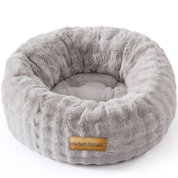 Modern Threads Calming Donut Dog Bed for Small Dogs, Plush Round Faux Fur Pet Bed with Raised Bolster, Soft Washable Dog Bed, 24" x 24" x 9", Gray