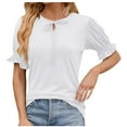 thumbnail image 2 of Fanxing Womens Ruffles Short Sleeve V Neck T Shirts Trendy Drawstring Summer Tops Slim Fit Blouses White,M, 2 of 8