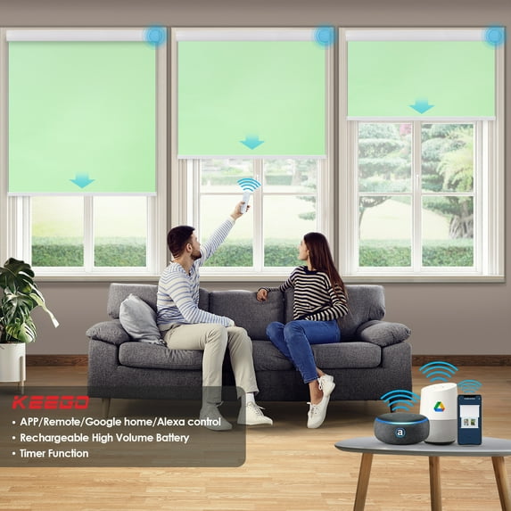 Keego Motorized Shade Remote Control App Control Voice Control Silent Rechargeable Blackout Roller Blinds Auto Window Blinds Aquamarine, 22.5"w x 76"h