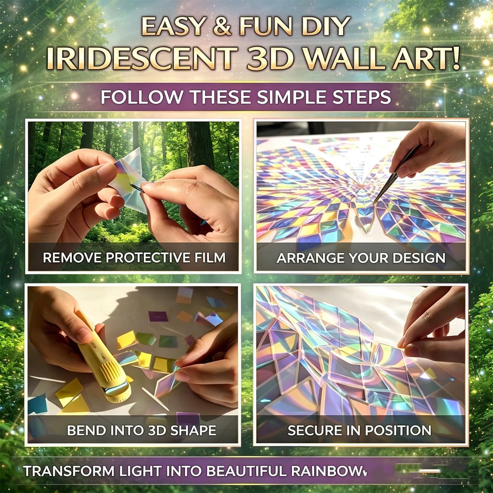 100-Pack Rainbow Holographic Acrylic Tiles 3/4" x 3/4" x 1/8" for Mosaic Art, DIY Crafts, Resin Jewelry, Light & Shadow Decor, 3mm Thick, Double-Sided Iridescent Plexiglass Squares