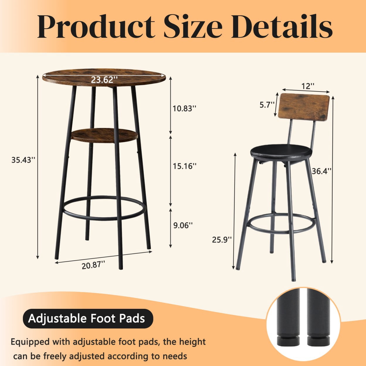 3 Piece Round Bar Table Set with 2 PU Leather Stools, Small Dining Table for 2 with 2-Tier Storage, Counter Height Pub Table Set for Kitchen, Cafe, Apartment, Brown