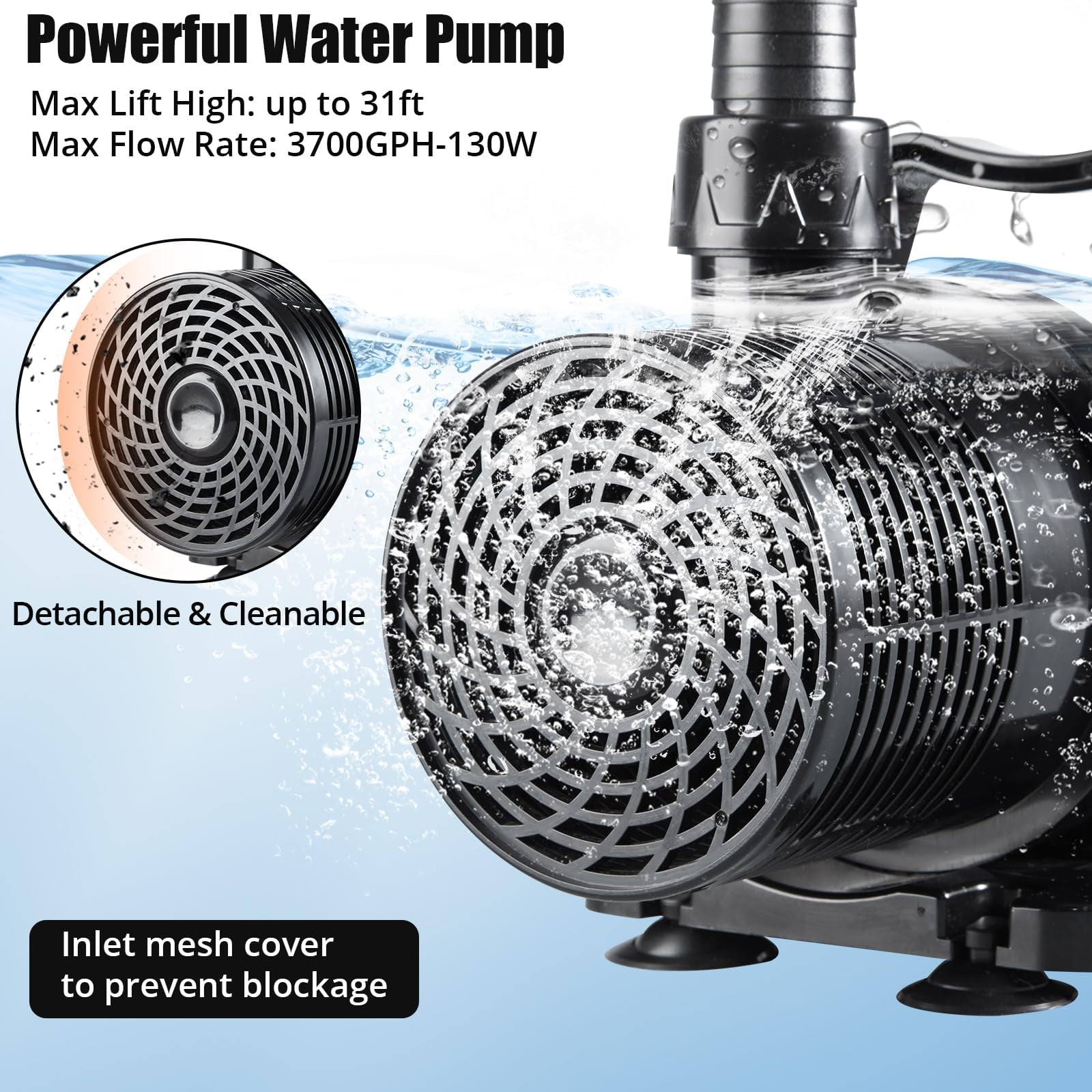 3700GPH Submersible Water Pump, 130W Pond Pump 31Ft Lift Height Water Transfer Pump, 180° Ajustable Outlet Aquarium Pump,16Ft Power Cord for Outdoor, Aquarium, Hydroponic,Water Fountain