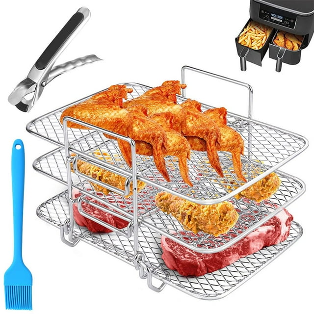 Air Fryer Rack Compatible with Ninja Foodi Dual Air Fryer Dehydrator Stand 304 Stainless Steel Dehydrator Rack 3-Layer Dehydrator Holder Tray with 3 Stackable Sheets Air Fryer Square Pan