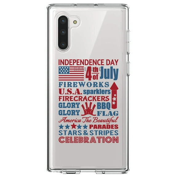 DistinctInk Clear Shockproof Hybrid Case for Samsung Galaxy Note 10 (6.3" Screen) - TPU Bumper Acrylic Back Tempered Glass Screen Protector - Independence Day Word Art