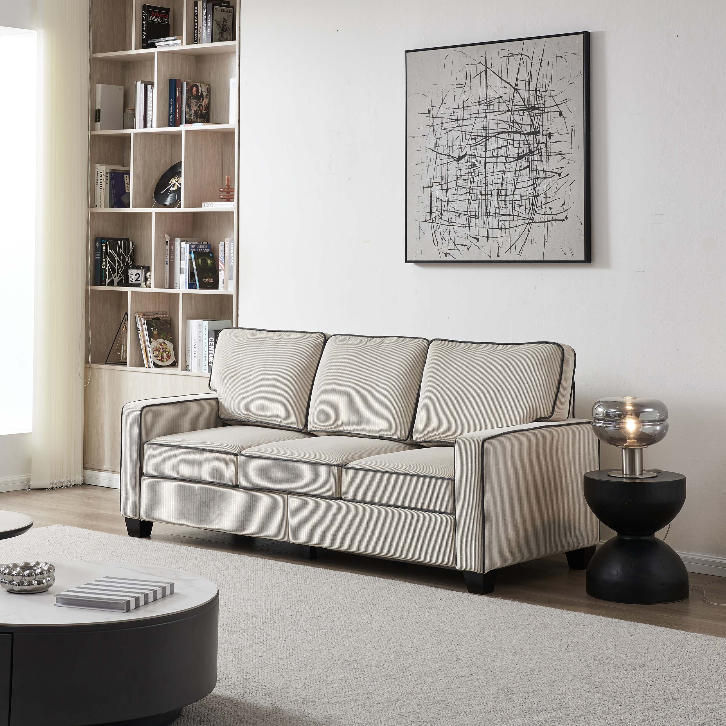 DEALTOPS Modern Sectional Sofa Corduroy Upholstered Sleeper Sofa Couch 3 Seater Sofa Chair for Living Room - Beige