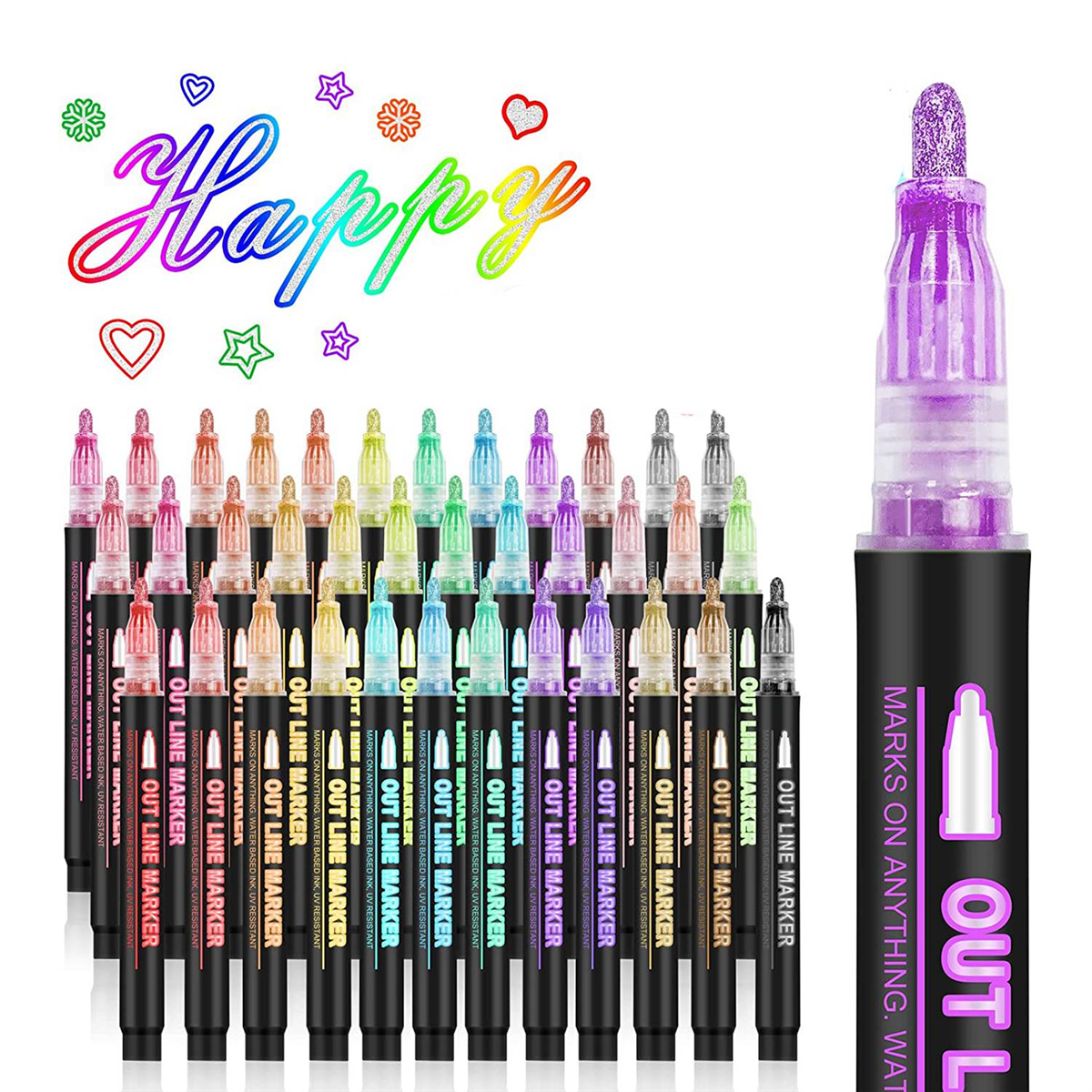 Double Line Outline Markers, 36 Colors Super Squiggles Shimmer Outline Marker Pen Set, Self Outline Metallic Markers