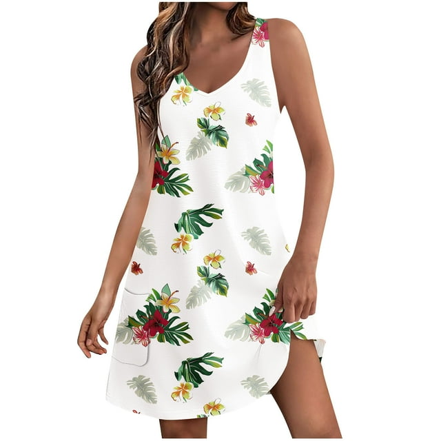 Staron Robes pour Femmes en Liquidation à Moins de 10 $ Coupe Ample Col en V Sans Manches Ligne A Robe d'Été avec Poches Printemps Imprimé Floral Bohème Fluide Tendance Robes de Plage S