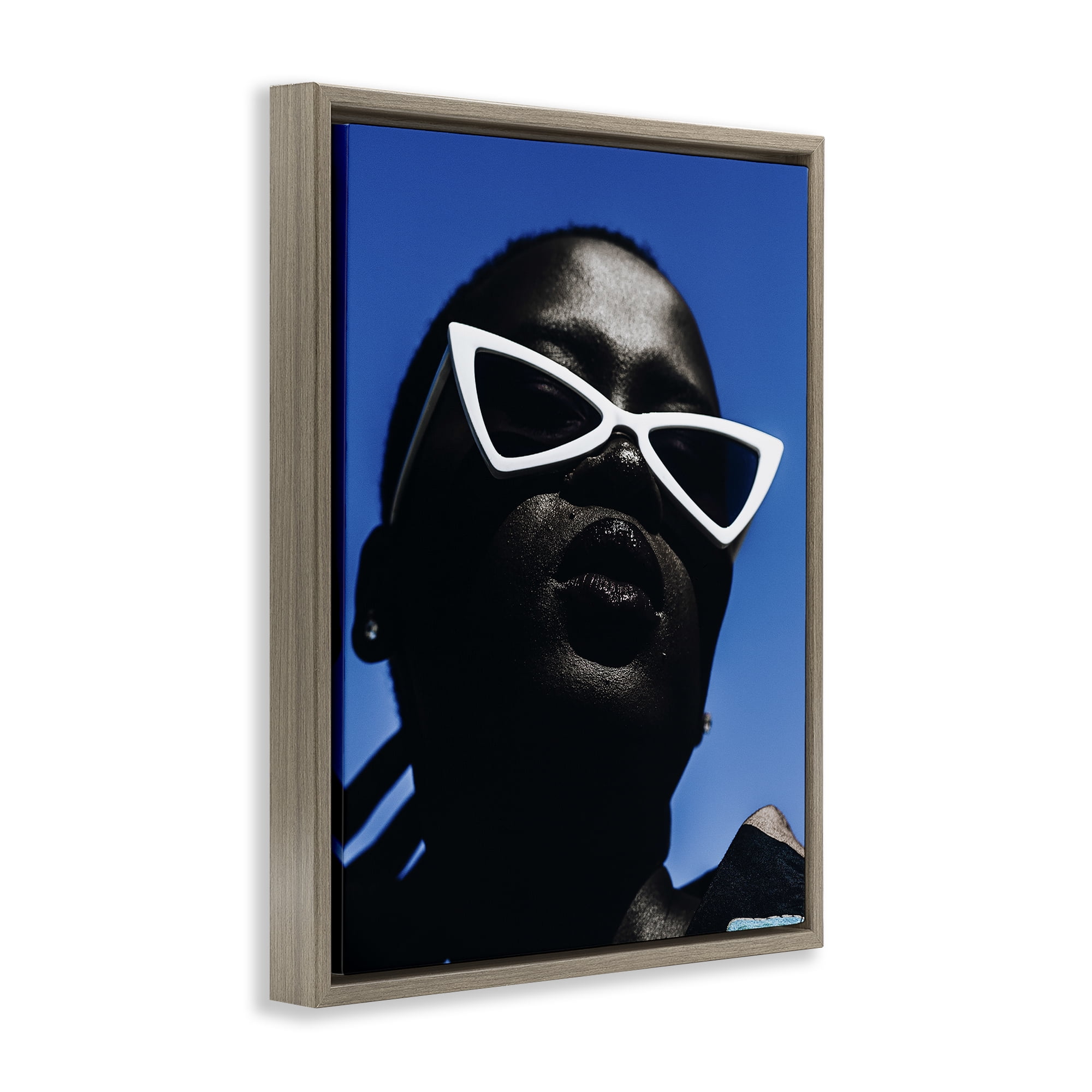 Stupell Industries Stylish Sunglasses on Blue People Photography Brown Floater Framed Canvas Art Print Wall Art, 17 x 21