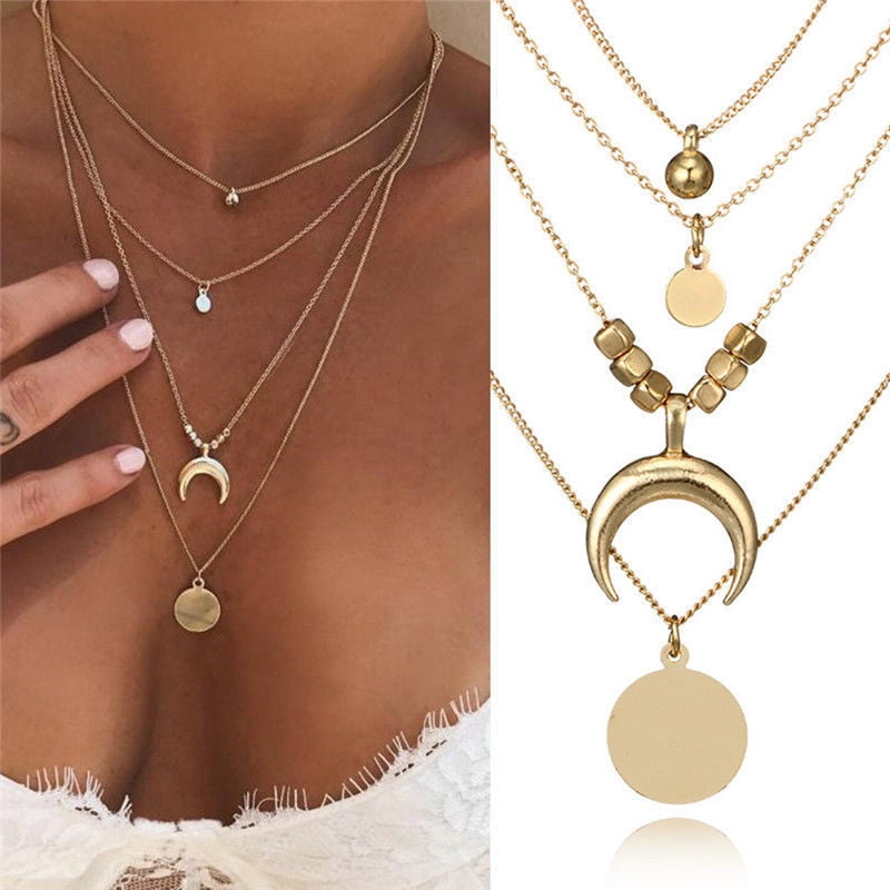 Multilayer Choker Horn Long Crescent Moon Pendant Necklace Chain Jewelry WomenXJ 