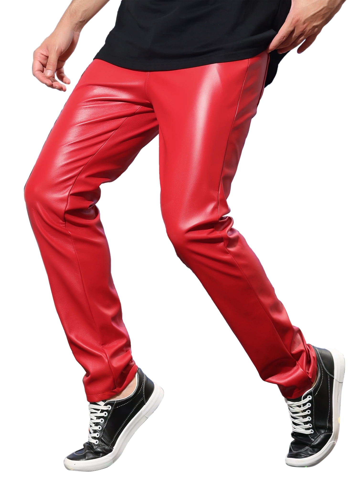 INSPIRE CHIC Men's Pants Faux Leather Slim Fit Zip-Fly Solid Pants 38 Red