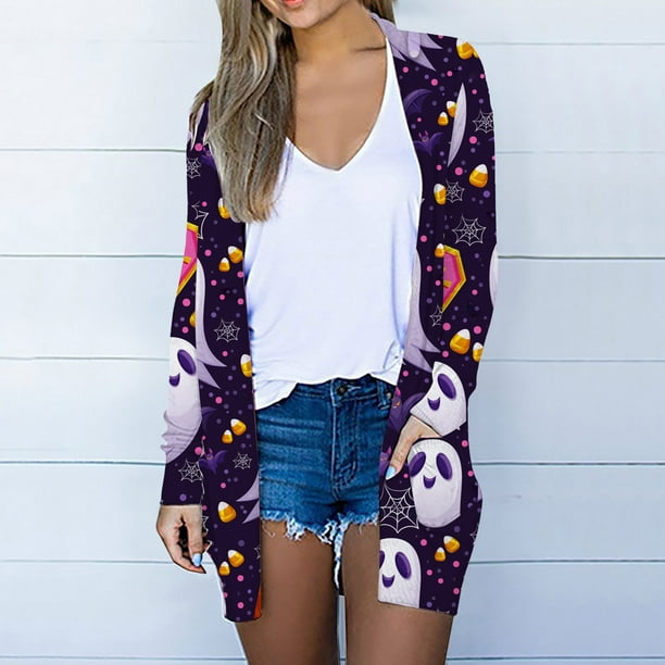 Ichuanyi liquidación halloween cárdigans para mujeres cubren blusas de impresión web informales livianas abiertas con bolsillos ICHUANYI WER202308210870